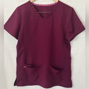 Women’s V-Neck Medical Scrub Top & Pants Set in Burgundy & Pink